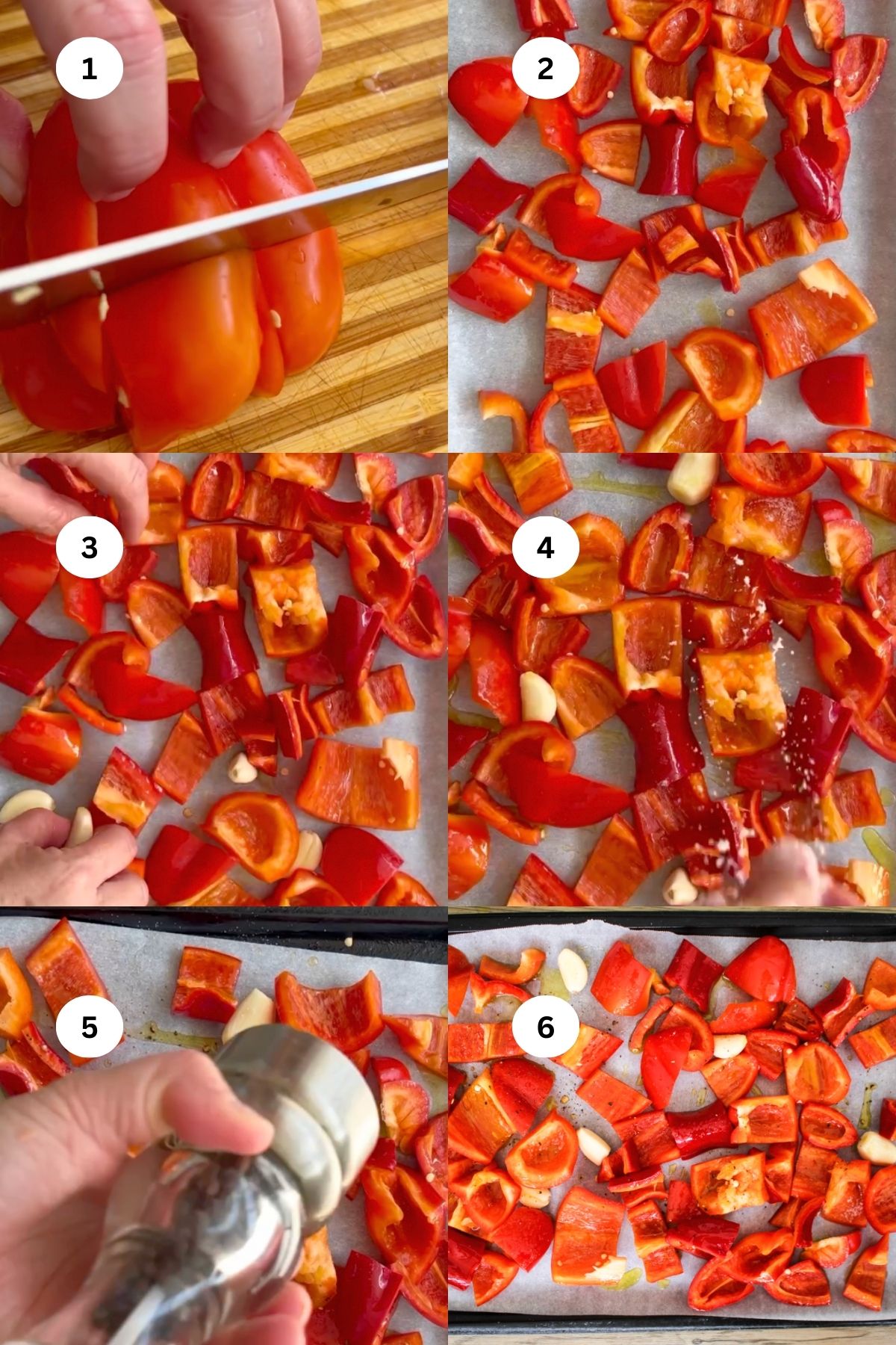 A step-by-step collage shows red bell peppers being sliced, spread on a baking sheet, topped with garlic, seasoned with salt, and arranged for roasting, with hands performing each step, labeled 1 to 6.