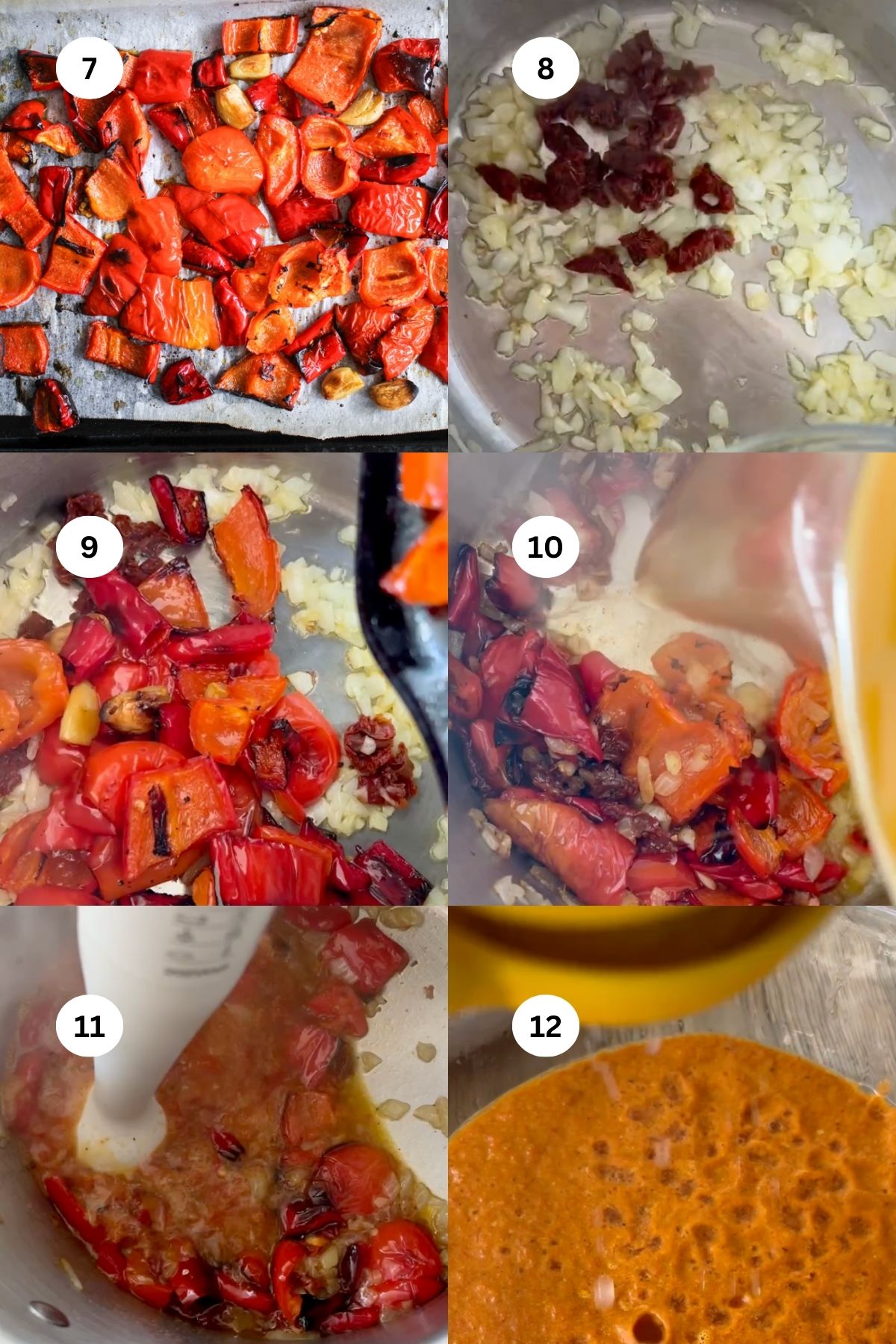 A six-step collage showing the process of making roasted red pepper soup: roasted red peppers, sautéed onions and garlic with sundried tomatoes, peppers added, broth poured in, blending mixture, and smooth finished soup. Steps numbered 7–12.