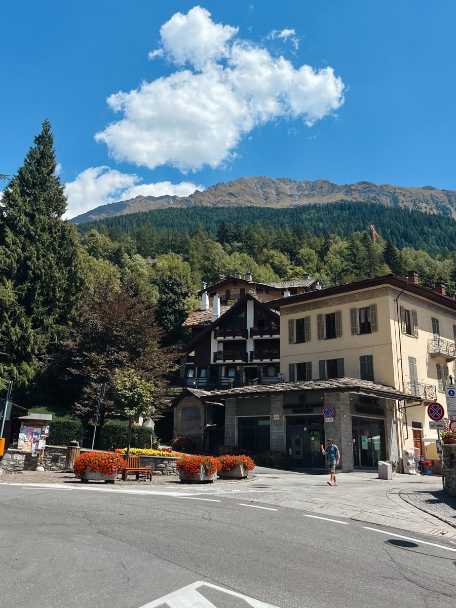 A scenic mountain village with charming houses, vibrant flower beds, tall green trees, and forested hills in the background under a bright blue sky with fluffy clouds. A person walks near a sidewalk.