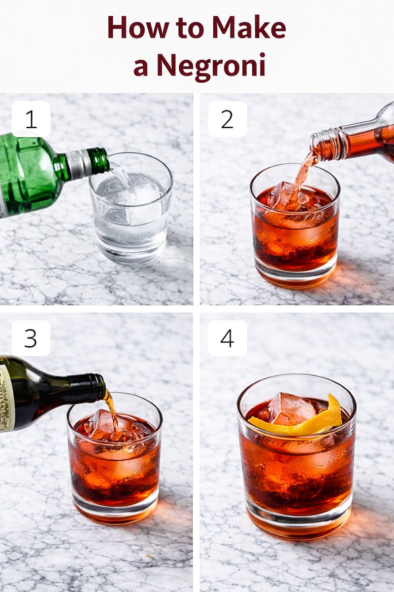 Four-step guide to making a Negroni: pouring gin over ice, adding Campari, pouring sweet vermouth, and the finished cocktail garnished with an orange twist in a glass.