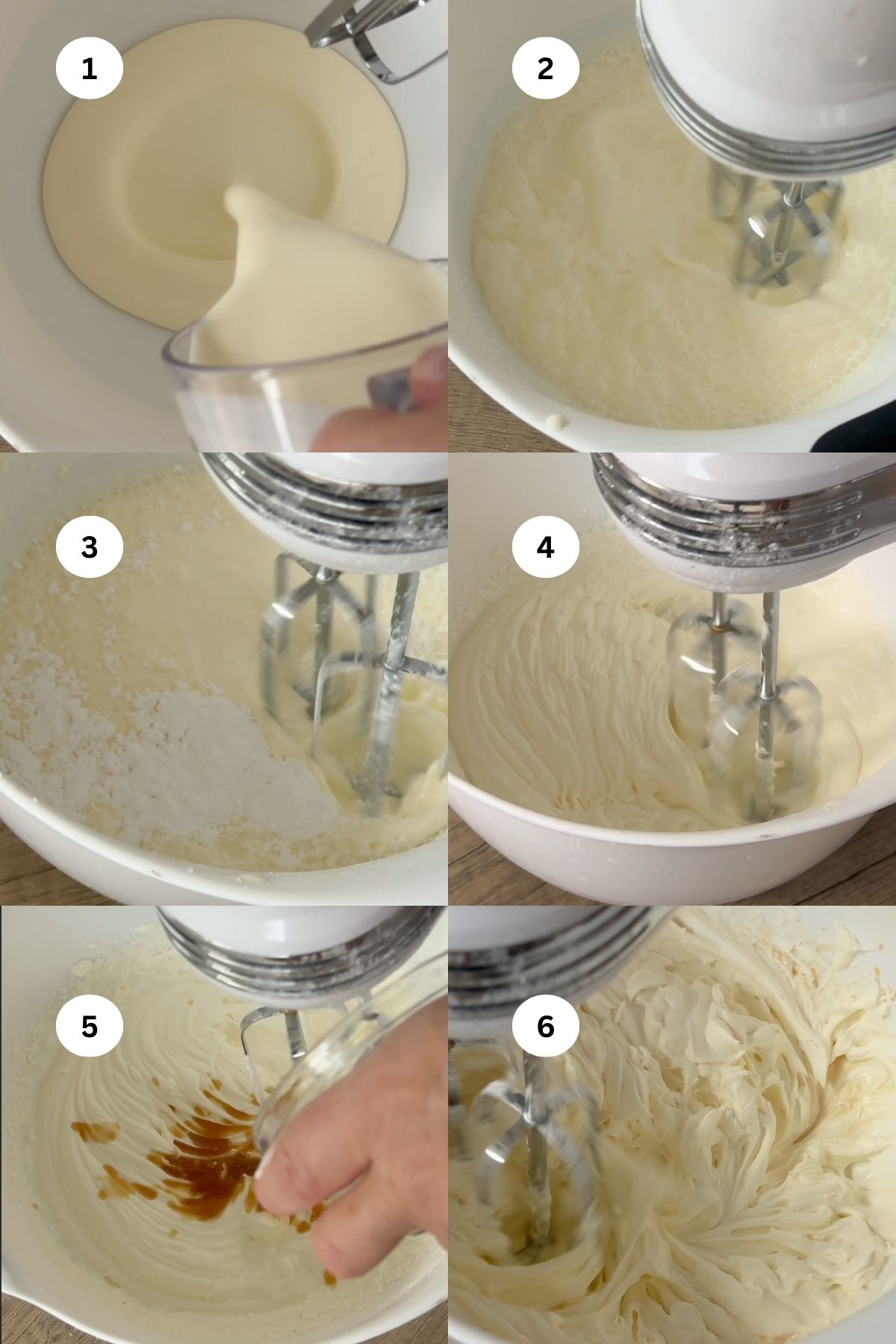 A six-step collage showing an electric mixer whipping cream in a bowl, adding powdered sugar and vanilla extract, and ending with smooth, fluffy whipped cream. Each step is numbered from 1 to 6.