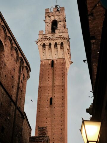 A tall, medieval brick tower rises against a pale sky in Siena, Italy, with part of an old building and a lit streetlamp in the foreground. A bird soars nearby-one of many charming sights among things to do in Siena, Italy.