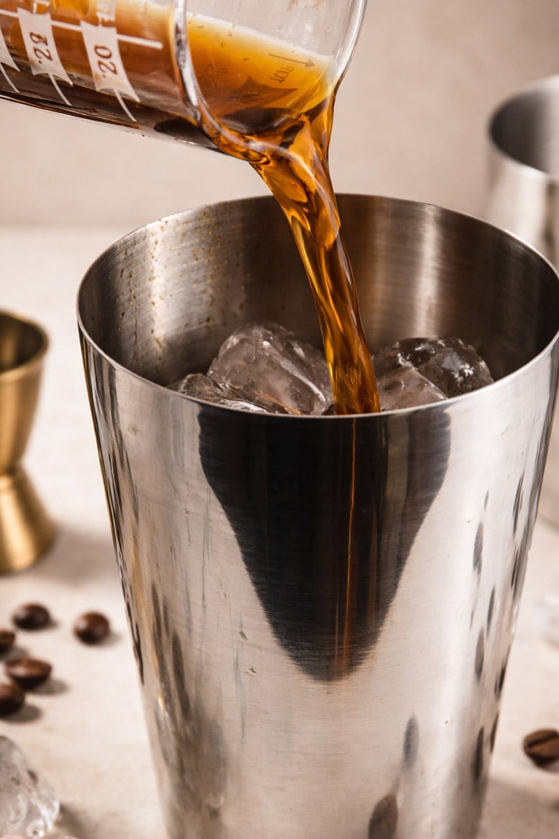 A metal cocktail shaker filled with ice cubes is being filled with a brown liquid poured from a measuring glass. Some coffee beans and a jigger are visible in the background.