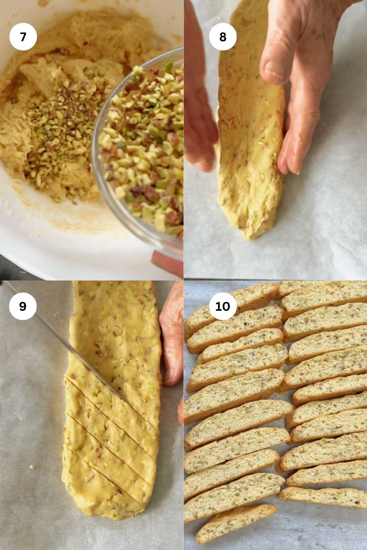 Four-step collage showing pistachio dough being mixed, shaped into a log, sliced, and arranged as baked biscotti on parchment paper, with numbered steps 7 to 10.