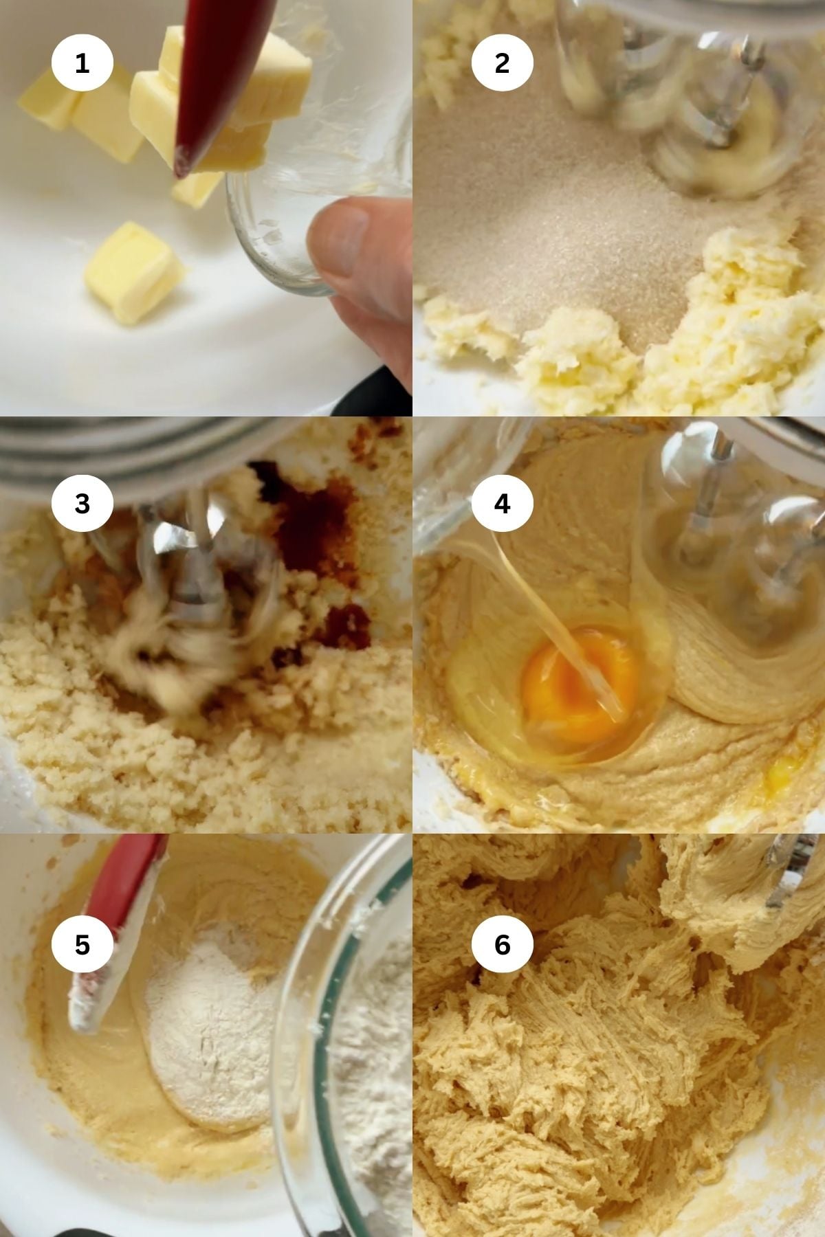 A six-step collage shows butter, sugar, vanilla, eggs, and flour being mixed in a bowl with a mixer, forming a creamy cookie dough. Each step is numbered from 1 to 6.