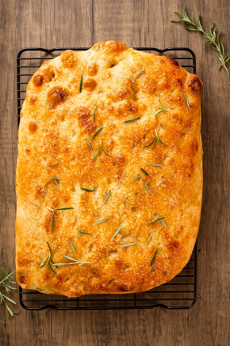 A golden-brown, rectangular focaccia bread topped with coarse salt and fresh rosemary sits on a cooling rack over a wooden table, with sprigs of rosemary nearby.