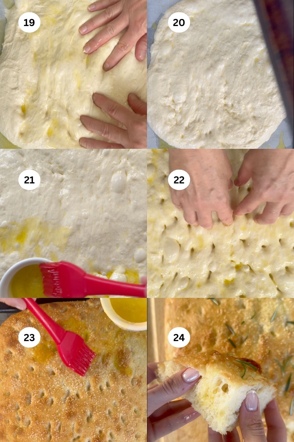 Six-step focaccia-making collage: hands stretch and press dough, dough is dimpled, brushed with oil, baked golden brown, then a slice is held up showing its fluffy texture. Each step is numbered 19 to 24.