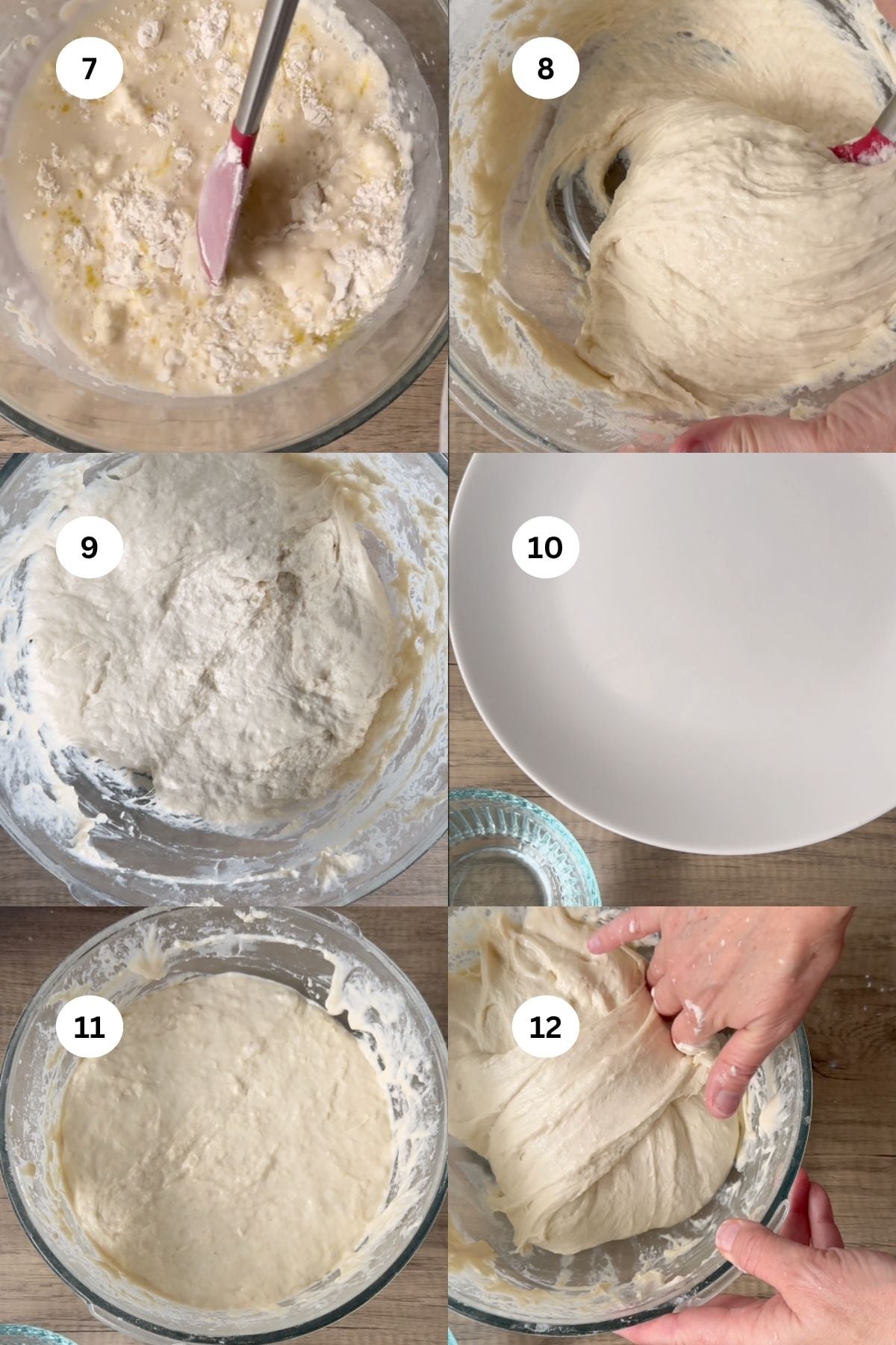 A step-by-step collage showing bread dough being mixed, kneaded, and rising in a glass bowl, with numbered steps from 7 to 12 and a close-up of a clean, empty bowl at step 10.
