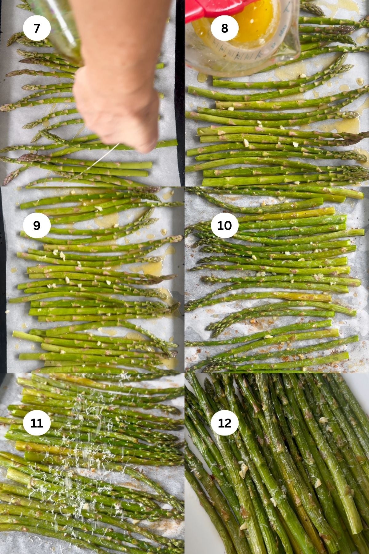 A collage showing steps to prepare roasted asparagus: arranging asparagus on a baking sheet, drizzling liquid, sprinkling garlic, baking, adding cheese, and the finished roasted asparagus on a plate. Steps numbered 8 to 12.