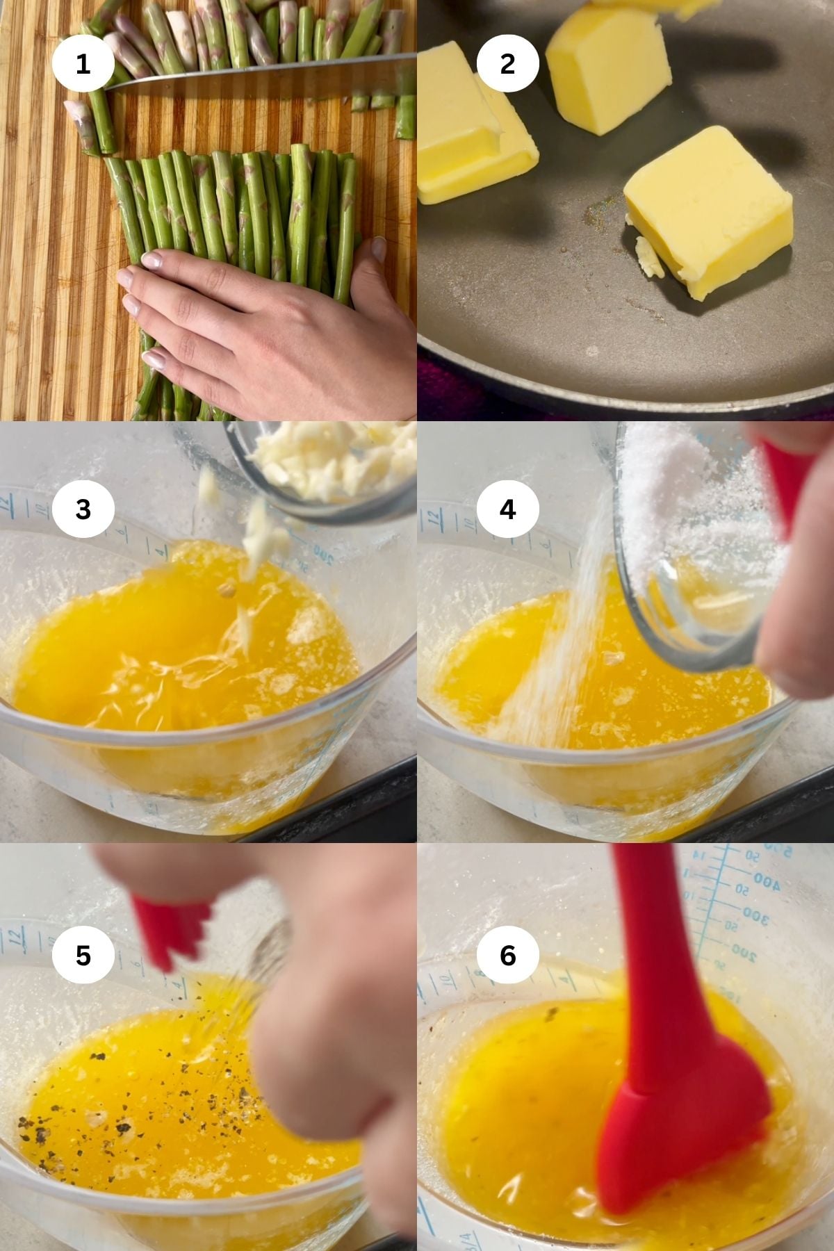 Six-step collage for making a sauce: 1. Trimming asparagus stems. 2. Butter melting in a pan. 3. Melted butter in a bowl. 4. Pouring sugar into melted butter. 5. Whisking the mixture. 6. Red spatula stirring in ground pepper.