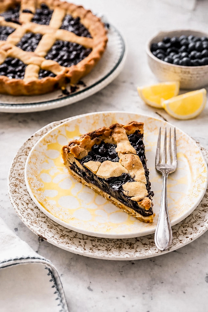 A slice of blueberry pie with a lattice crust sits on a plate beside a fork, while in the background, you'll find a whole pie reminiscent of a classic blueberry crostata recipe, accompanied by a bowl of blueberries and lemon wedges.