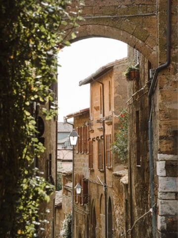 A narrow, sunlit alleyway in an old European town, featuring stone buildings with wooden shutters, potted plants, arched passageways, and vintage street lamps, framed by greenery on the left.