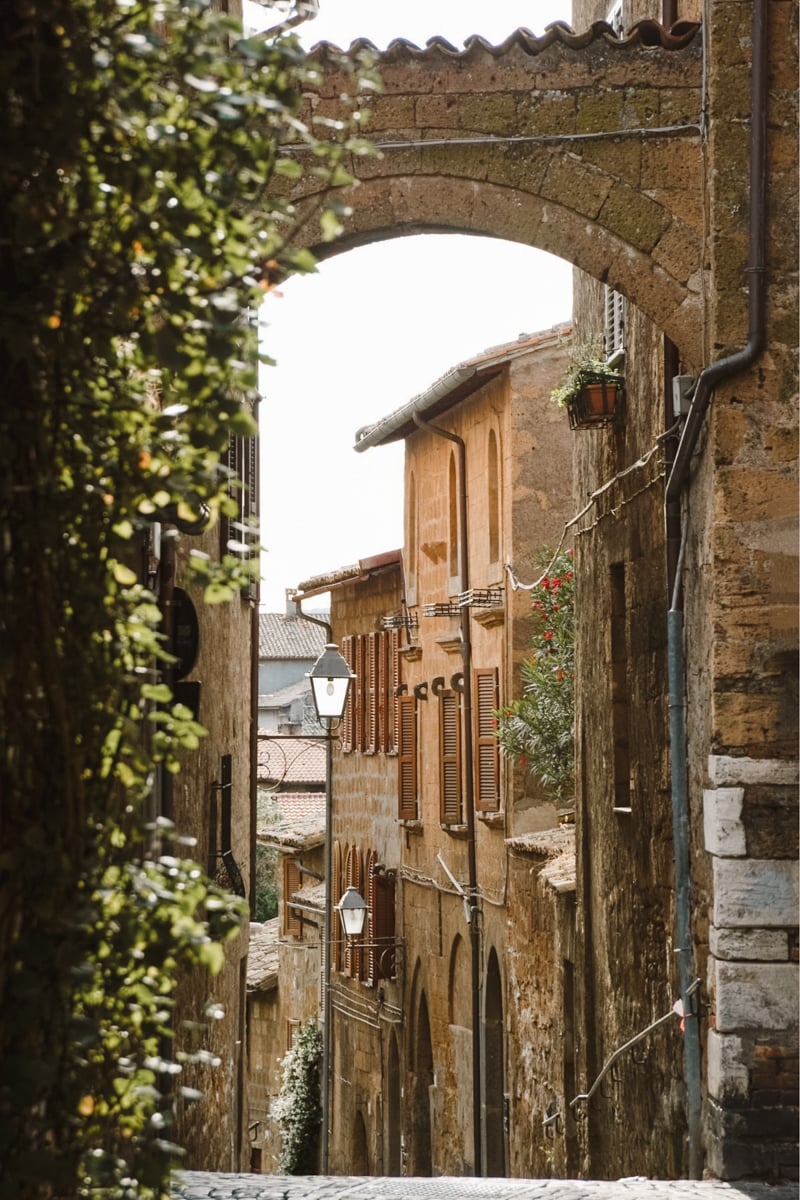 A narrow, sunlit alleyway in an old European town, featuring stone buildings with wooden shutters, potted plants, arched passageways, and vintage street lamps, framed by greenery on the left.