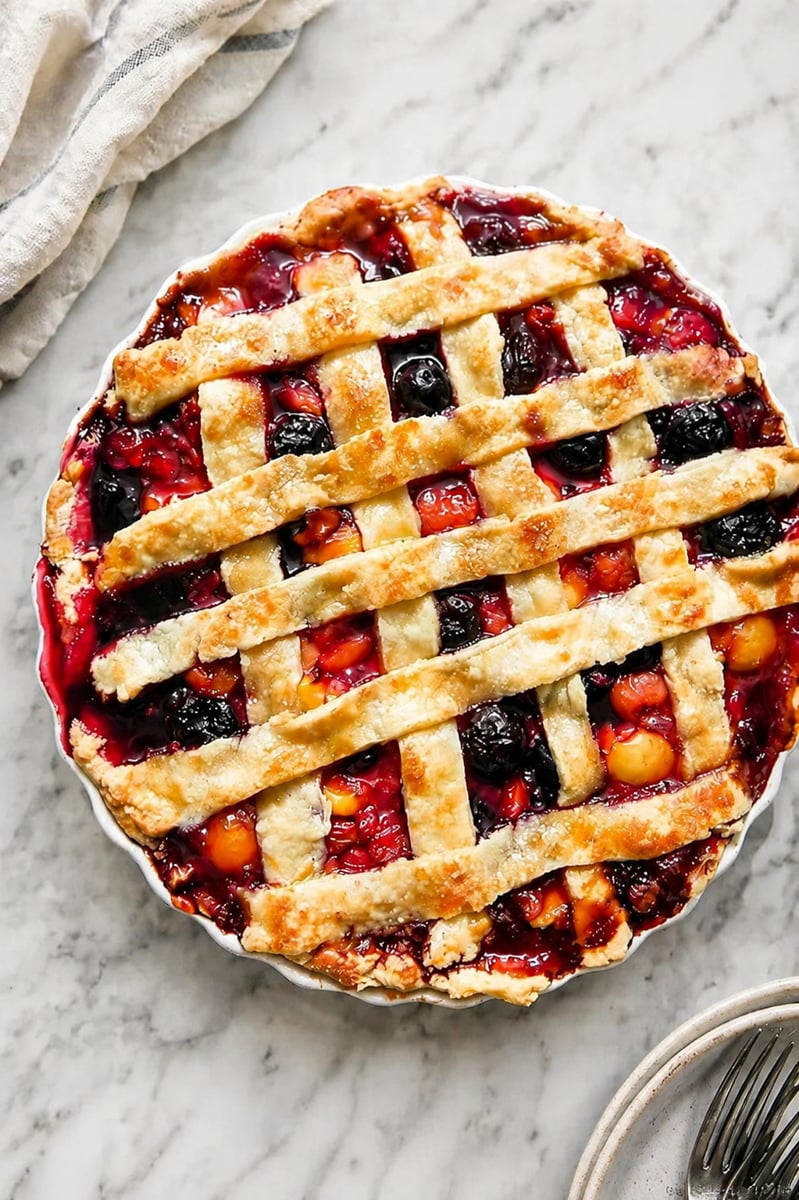 A freshly baked Sweet Cherry Pie with a golden lattice crust sits on a marble surface, filled with mixed berries and cherries. A striped towel and forks are beside the pie.