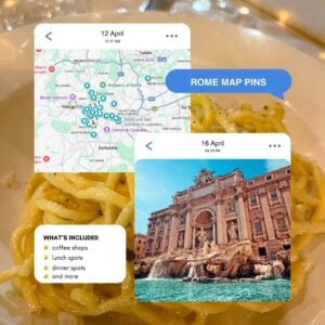 A plate of pasta is shown with "Rome Map Pins" overlaid on a Rome map, featuring colorful pins marking favorite food spots; next to it, a photo of the Trevi Fountain is labeled "16 April." Text highlights categories such as coffee shops, lunch, and dinner spots.