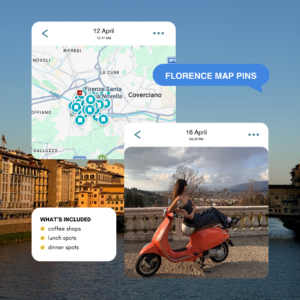 Screenshot showing a Florence map with pins for coffee, lunch, and dinner spots, next to a photo of a woman sitting on a red scooter by a river and cityscape, with text Florence Map Pins.