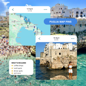 Puglia Map Pins: A collage features a map of Puglia, Italy with marked pins, scenic coastal photos with dates, and icons for coffee shops, dining spots, and attractions.
