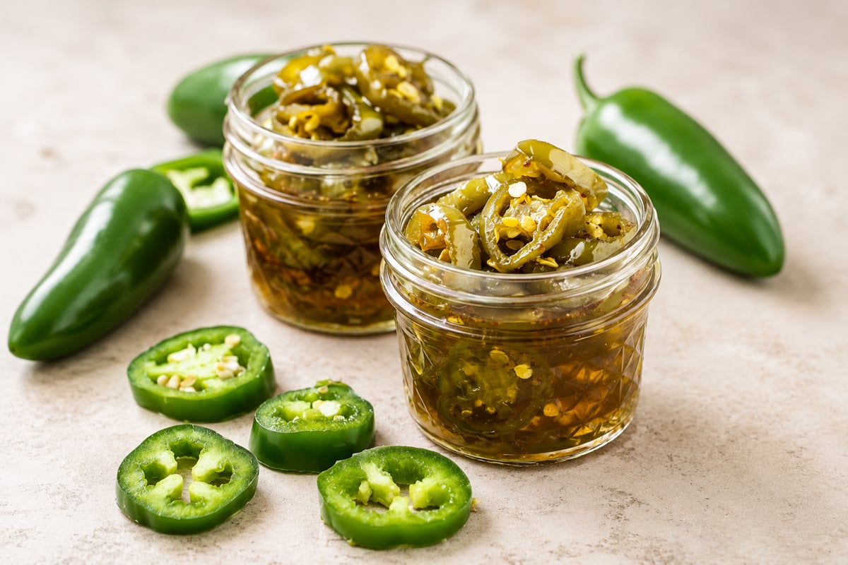 Two small glass jars filled with pickled jalapeño slices in brine, surrounded by fresh whole and sliced jalapeños on a light-colored surface.