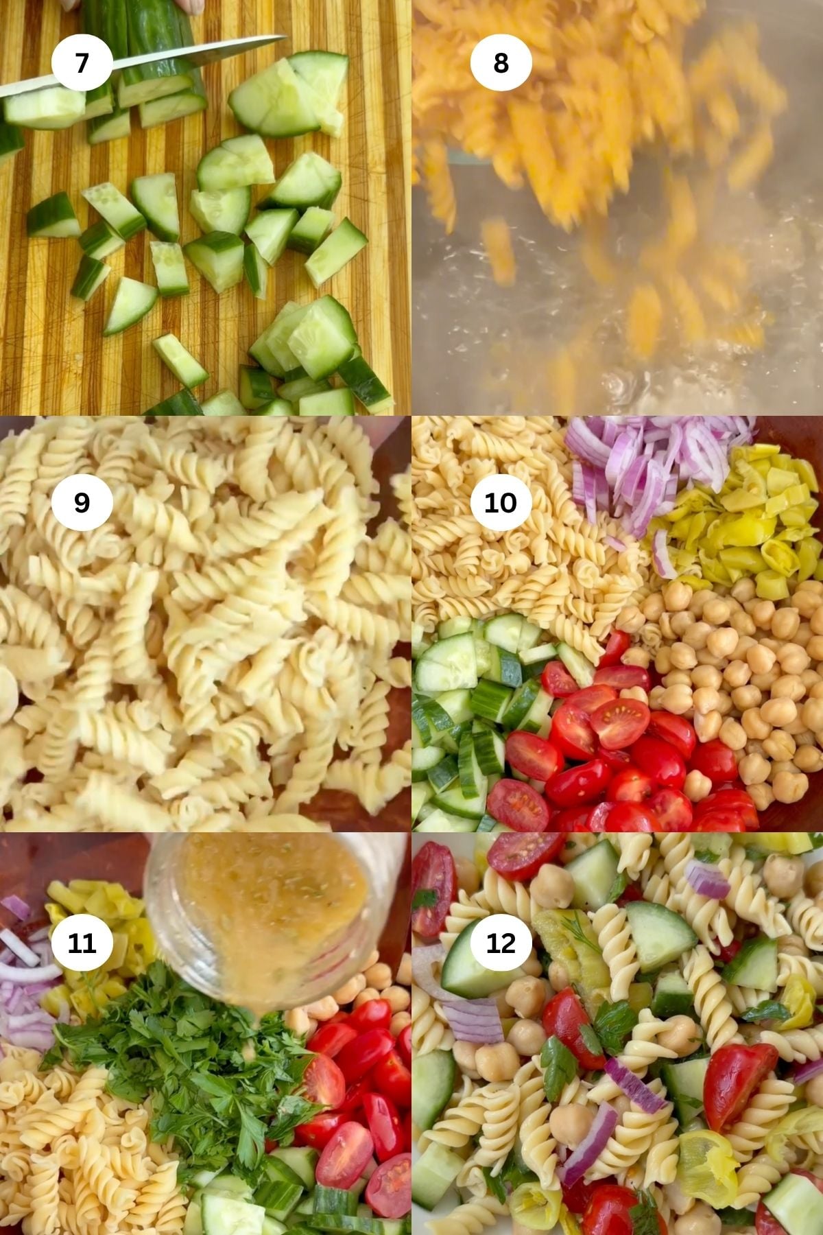 Step-by-step collage of making chickpea pasta salad: chopping cucumber, boiling pasta, mixing cooked pasta with chopped veggies, chickpeas, herbs, and pouring dressing before tossing all ingredients together.