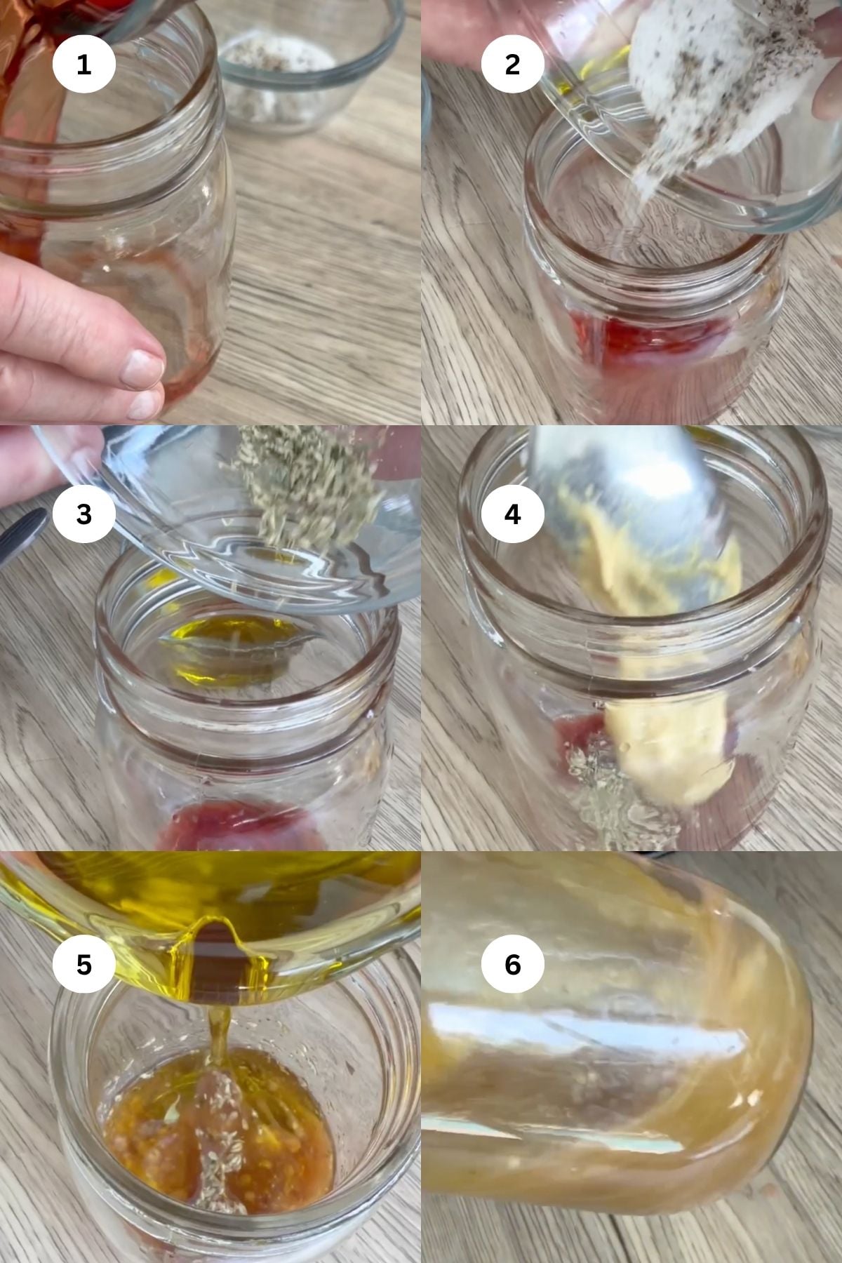 Six-panel image showing steps to make salad dressing for a chickpea pasta salad: adding red sauce, seasonings, oil, and mustard to a jar in sequence, then pouring the mixed dressing. Hands hold bowls and pour ingredients in each step.