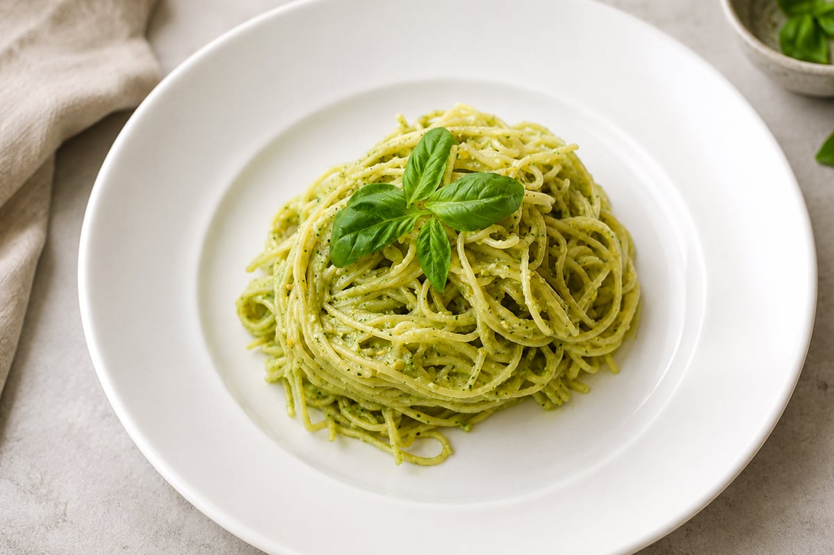 A plate of spaghetti coated in creamy green pesto sauce, garnished with fresh basil leaves, served on a white plate.