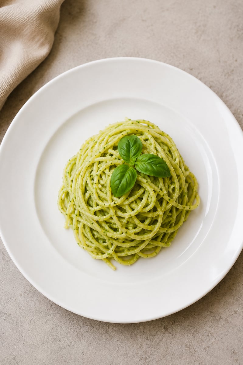 A neatly twirled serving of spaghetti coated in green pesto sauce, garnished with a fresh basil sprig, sits on a white plate atop a light stone surface.