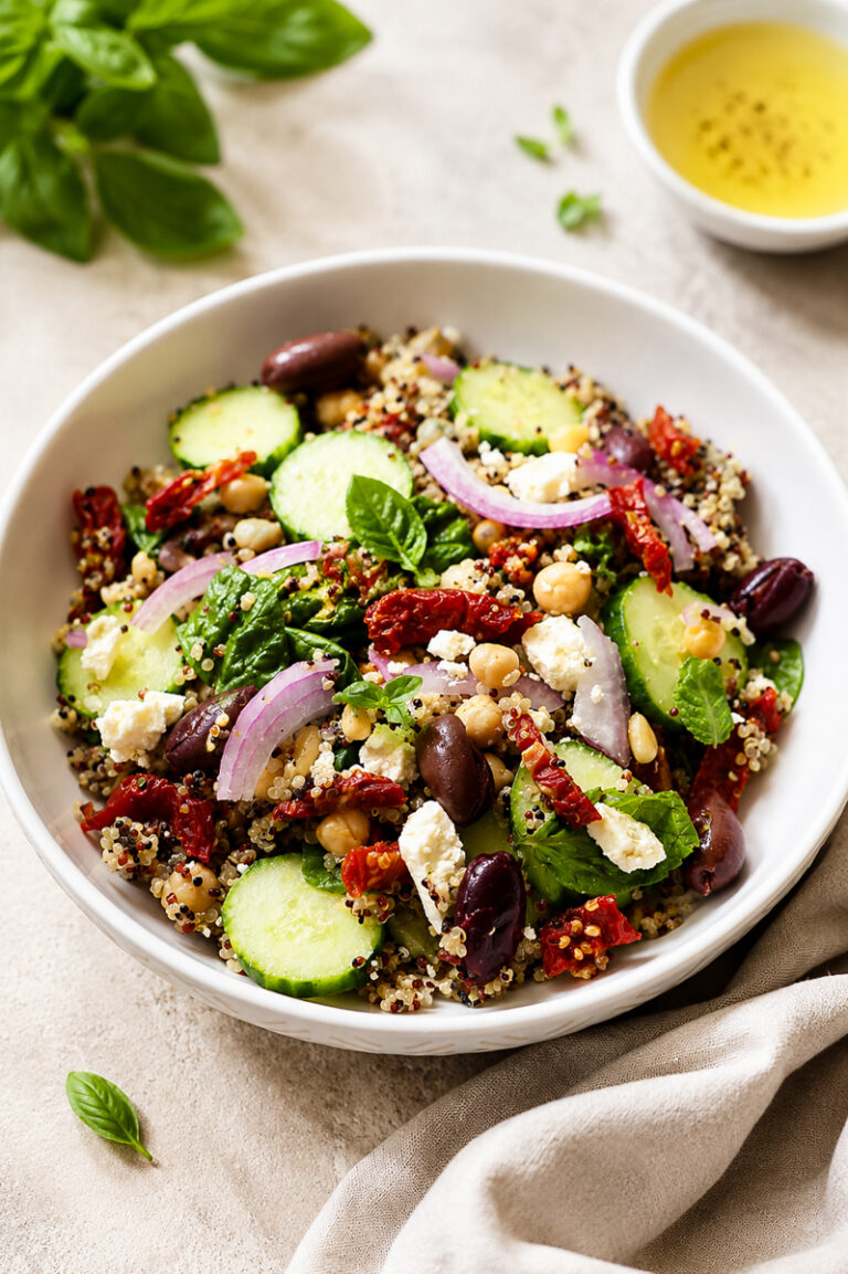 A bowl of Mediterranean quinoa salad with cucumbers, red onions, chickpeas, olives, sun-dried tomatoes, feta cheese, and fresh basil leaves, served with a small dish of dressing on the side.
