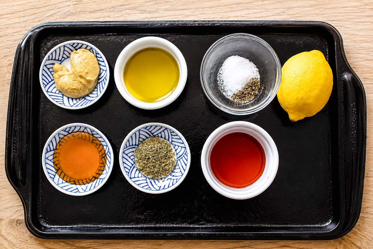 A black tray holds small bowls of mustard, olive oil, salt and pepper, vinegar, Italian herbs, and honey, with a whole lemon placed beside the bowls on a wooden surface.