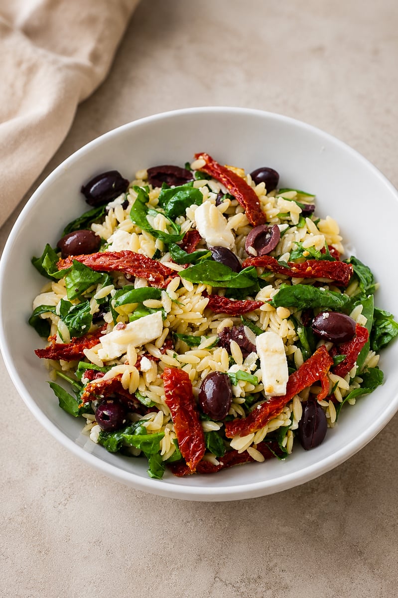 A white bowl filled with orzo pasta salad featuring sun-dried tomatoes, kalamata olives, spinach, feta cheese, and chopped herbs on a light beige surface.