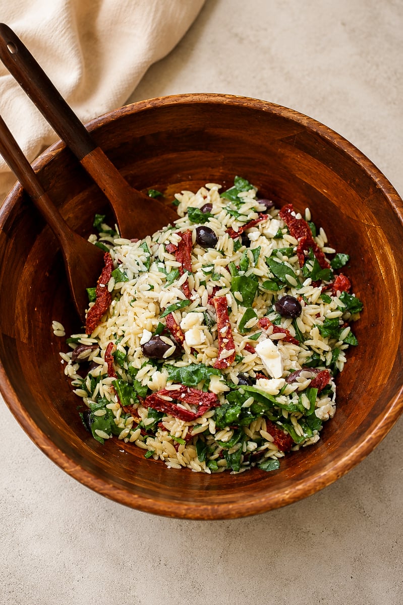 A wooden bowl filled with orzo pasta salad, featuring spinach, sun-dried tomatoes, Kalamata olives, feta cheese, and fresh herbs. Two wooden serving utensils rest inside the bowl.