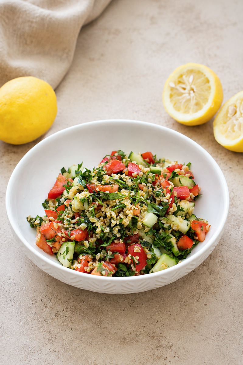 A white bowl filled with tabbouleh salad made of chopped parsley, tomatoes, cucumber, and bulgur, sits on a light surface with two halved lemons and a whole lemon nearby.