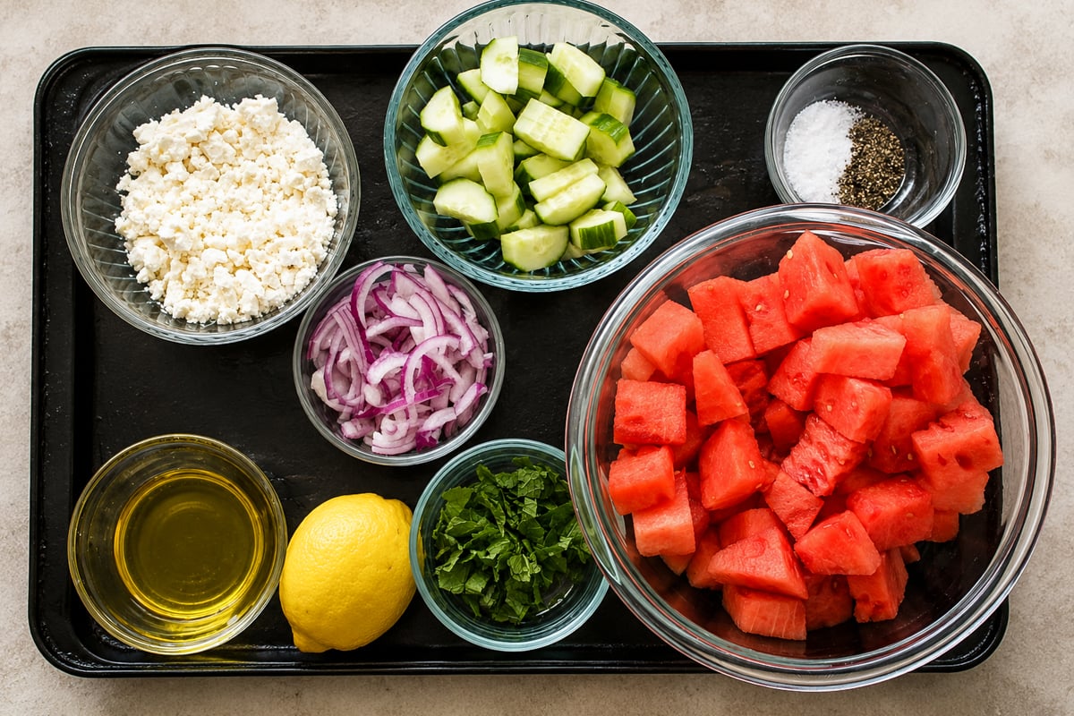 A tray with bowls of cubed watermelon, chopped cucumber, sliced red onion, crumbled feta cheese, chopped mint, olive oil, a whole lemon, and small bowls of salt and pepper.