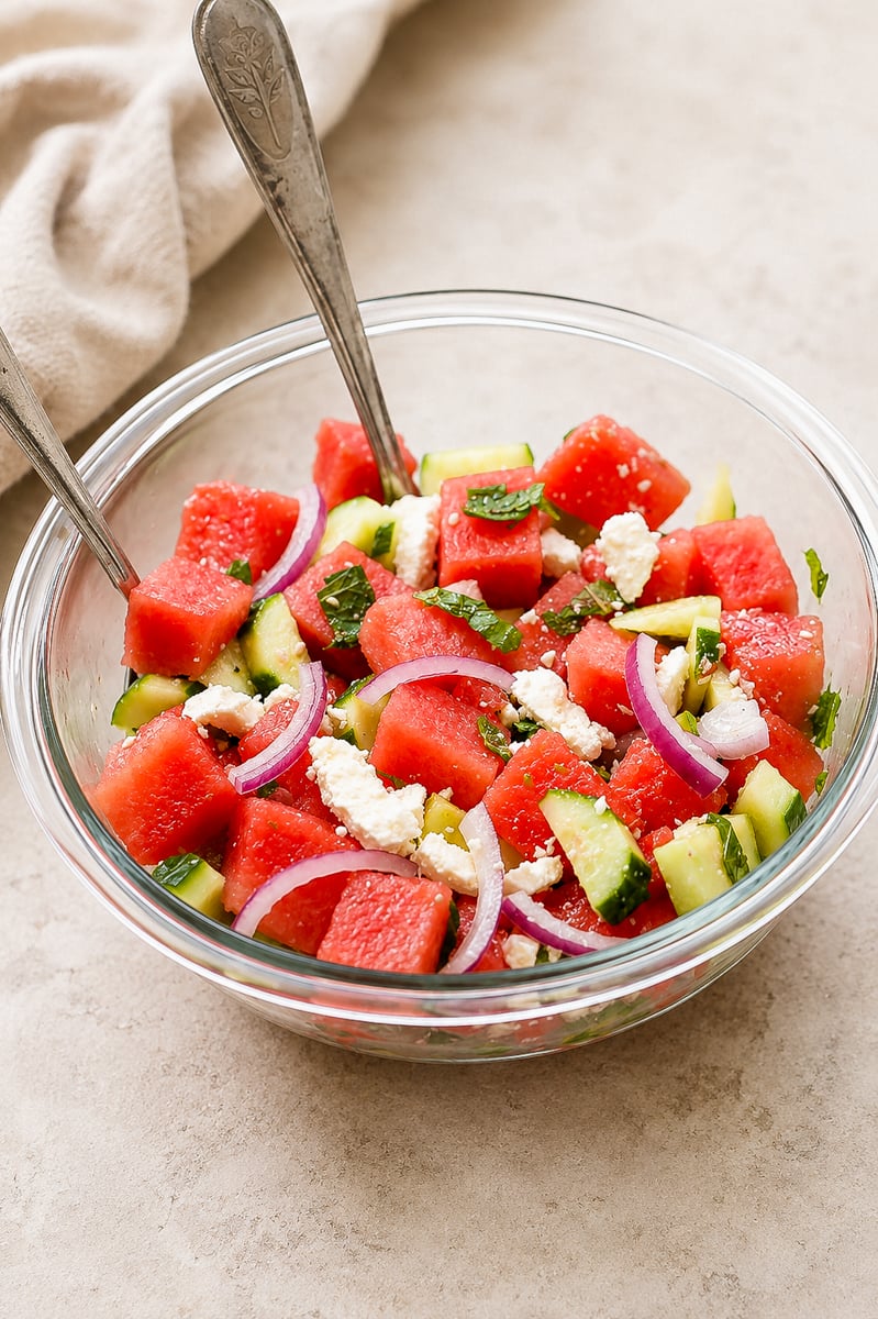 A glass bowl filled with a colorful salad of watermelon cubes, cucumber, red onion slices, crumbled feta cheese, and fresh herbs, with two metal spoons resting inside.