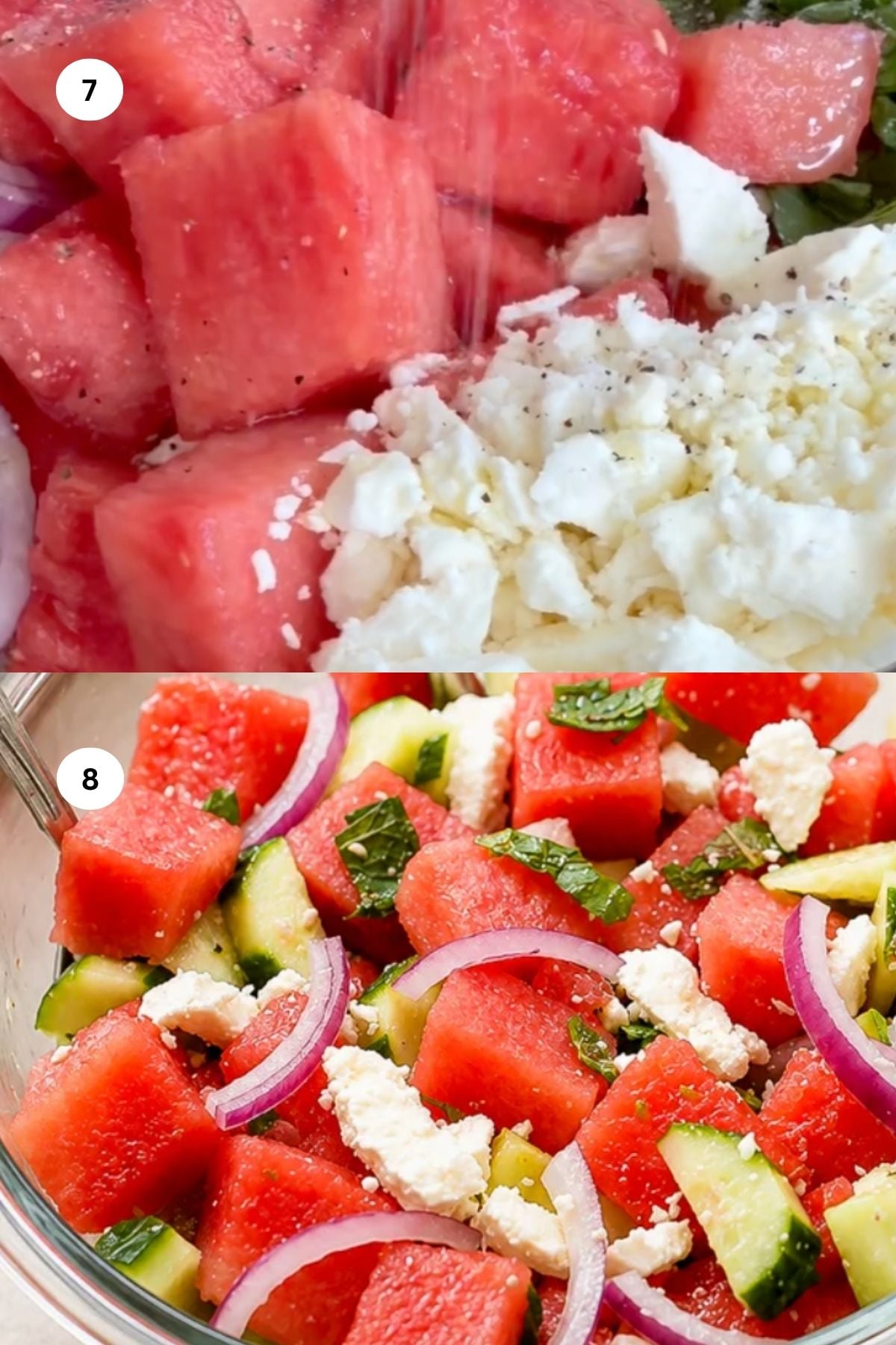 Two images: The first shows watermelon cubes with feta cheese and black pepper—a simple take on a classic watermelon feta salad. The second features a vibrant salad with watermelon, cucumber, red onion, feta, and fresh herbs, all mixed together in a bowl.