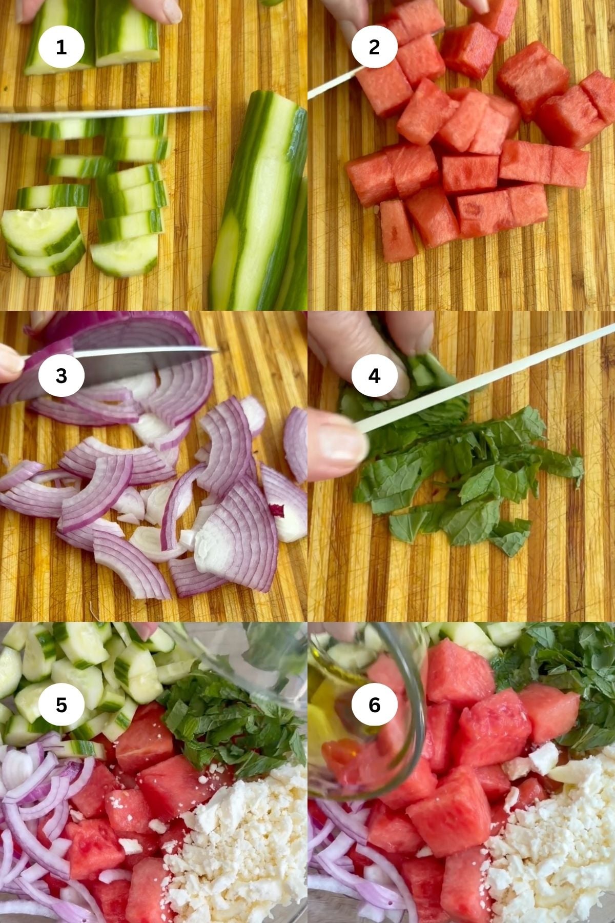 Step-by-step images show slicing cucumber, dicing watermelon, cutting red onion, chopping herbs, mixing with feta, and adding dressing in a wooden bowl to prepare a fresh watermelon feta salad.