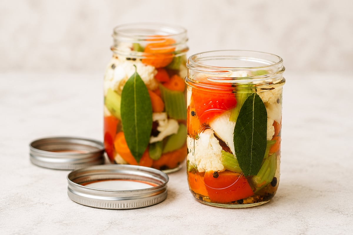 Two glass jars filled with pickled vegetables, including carrots, celery, cauliflower, and bell peppers, with bay leaves inside. The metal lids are placed next to the jars on a light surface.