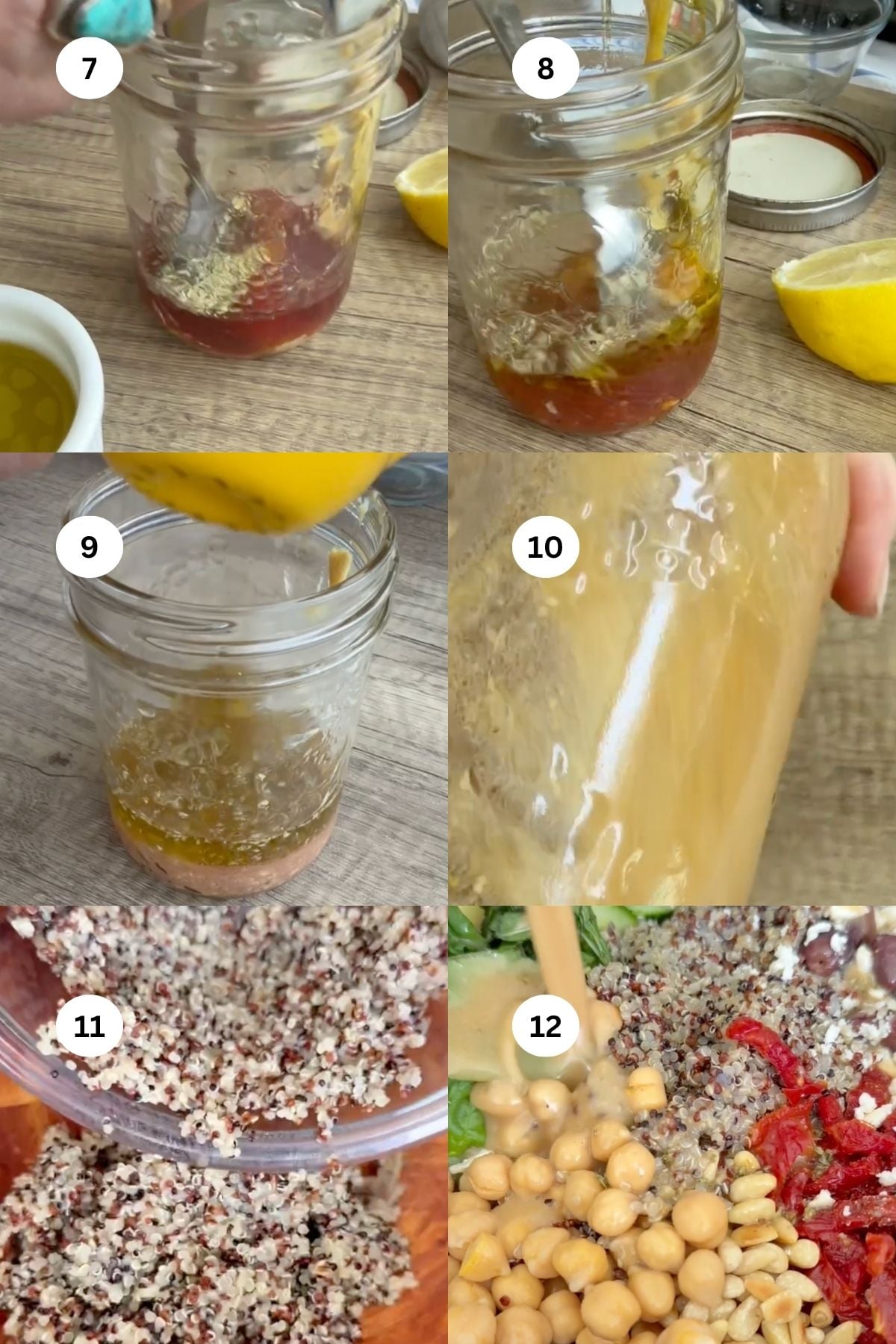 A step-by-step collage shows a tangy Tabbouleh-inspired dressing being mixed in a mason jar, then poured onto a salad with quinoa, chickpeas, and sun-dried tomatoes. The images are labeled 7 through 12 in white circles.