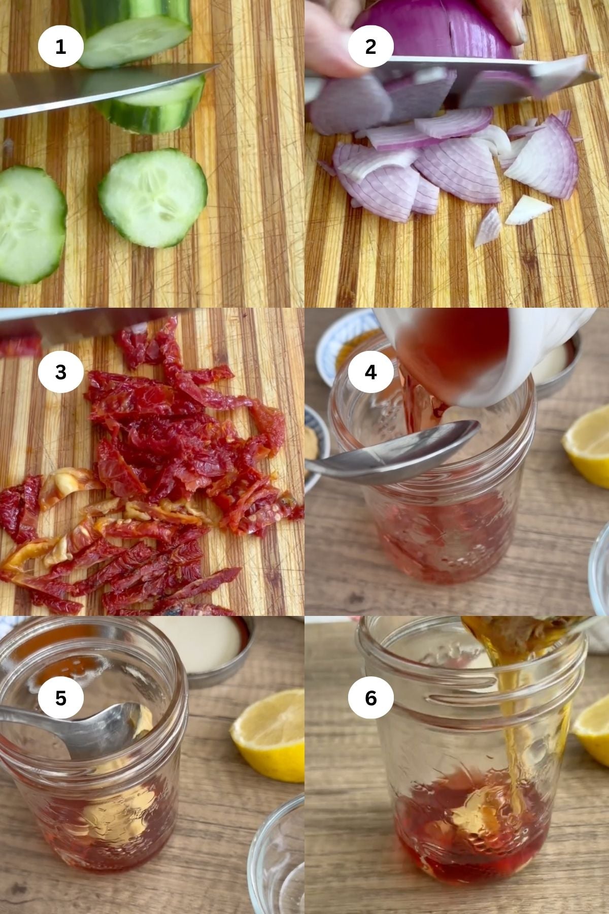 Step-by-step images showing cucumber, onion, and sun-dried tomatoes being chopped, then ingredients being combined and poured into a jar to make a Tabbouleh-inspired dressing, with a lemon visible on the table.