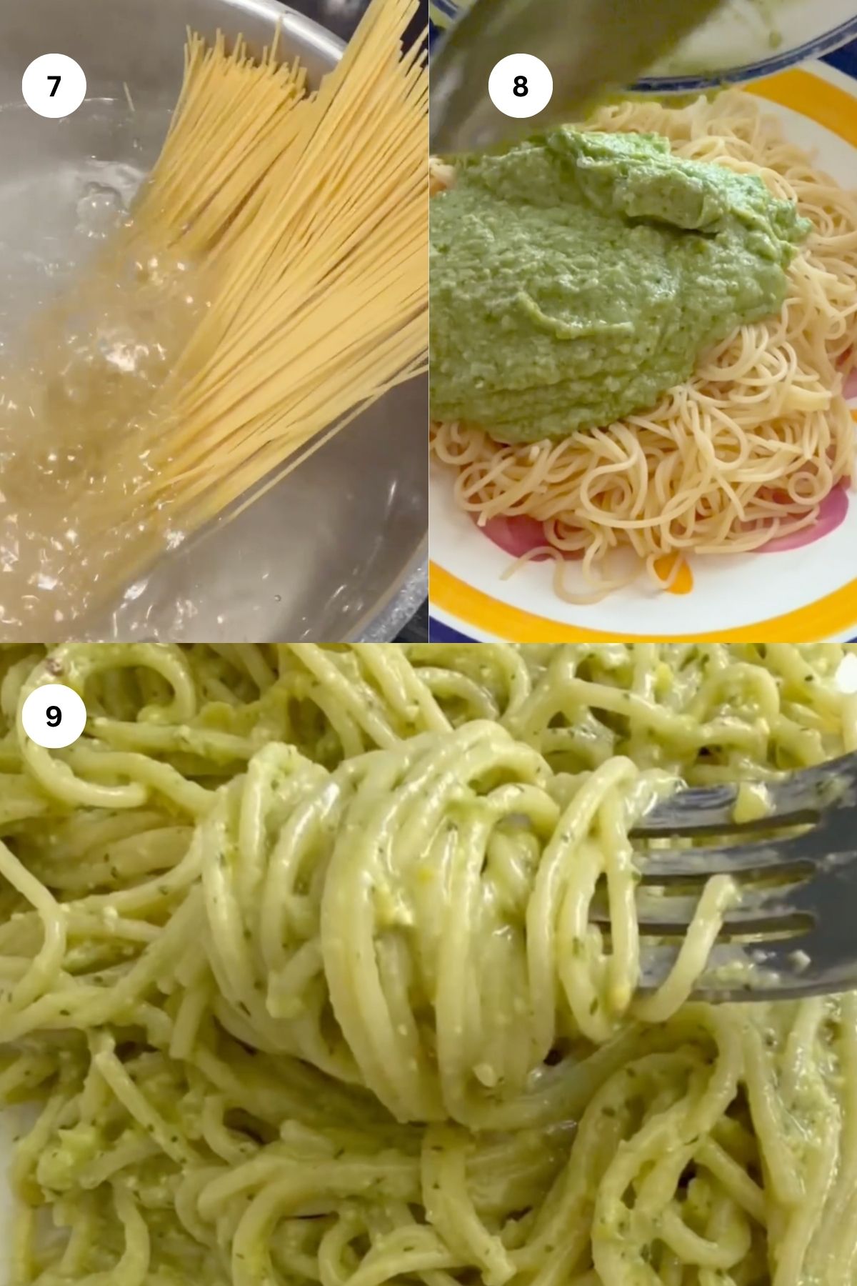 A collage shows spaghetti boiling, pasta on a plate with green pesto, and a fork mixing the pesto pasta. Each step is labeled with a number: 7, 8, and 9.