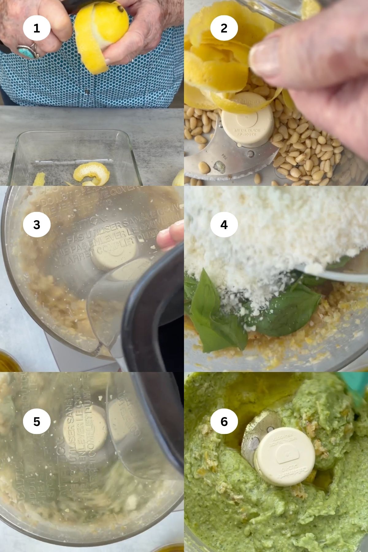 Six-step collage showing hands peeling lemon, adding lemon and pine nuts to food processor, pouring oil, adding cheese and basil, blending, and finally showing creamy green pesto in processor.