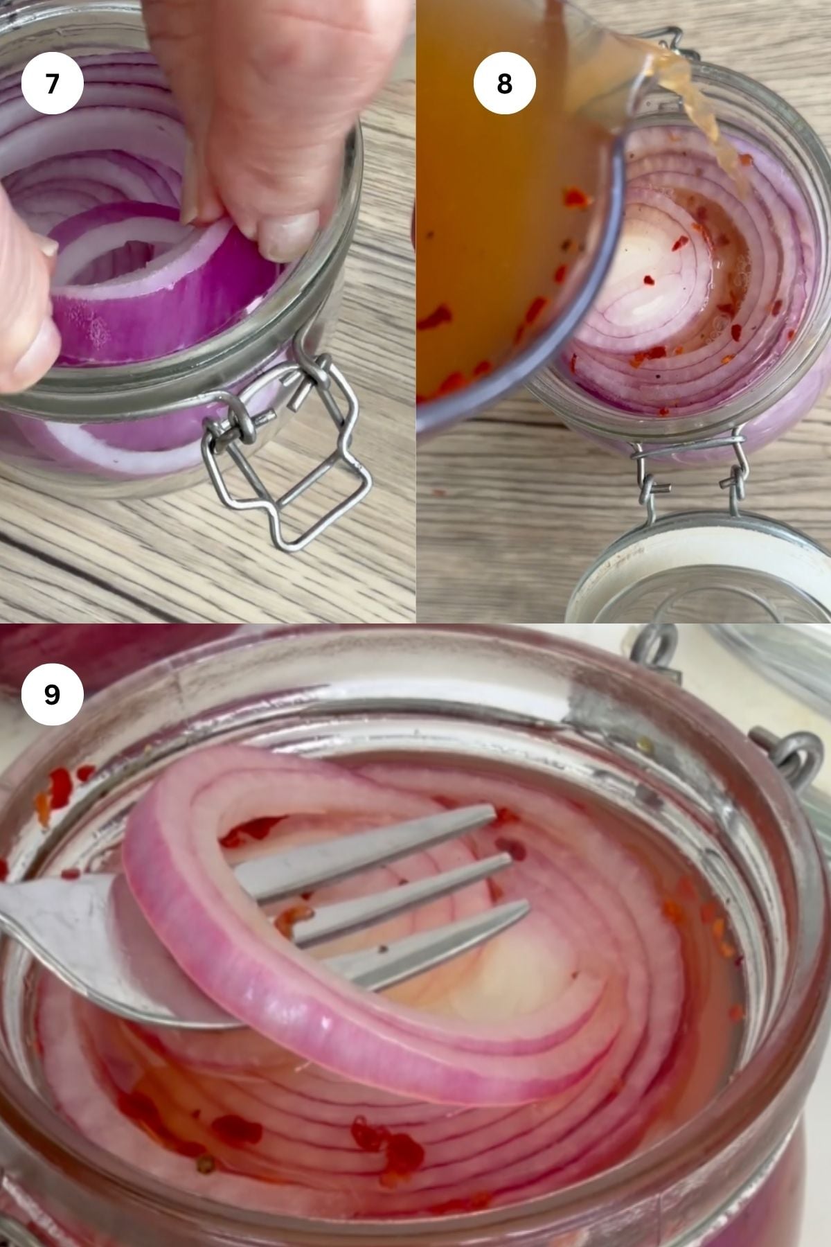 Three steps for making perfect pickled onions: 7. Slicing onions into a jar, 8. Pouring brine with chili flakes over the onions, 9. Mixing the pickled onions with a fork in the jar of brine.