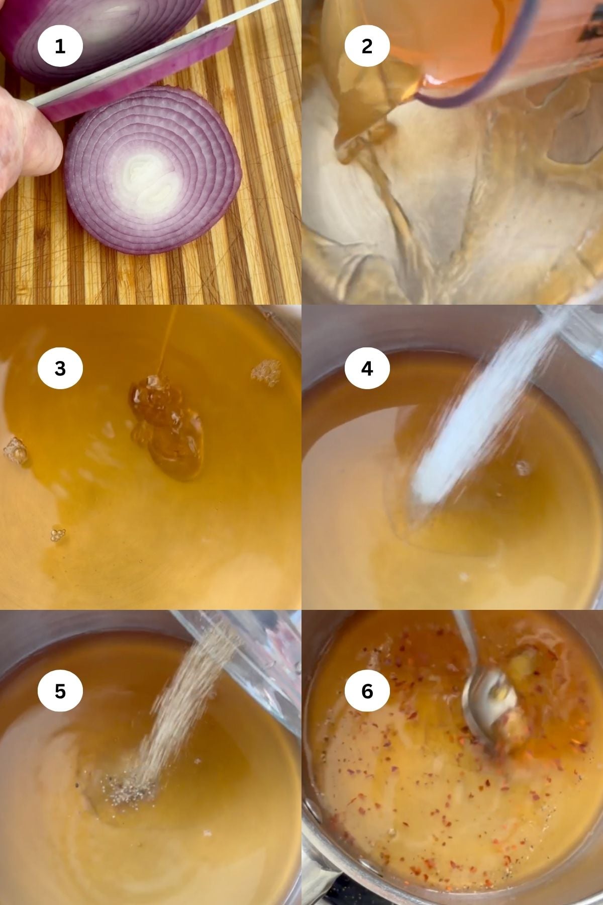 Six-step collage showing: slicing a red onion for pickled onions, pouring liquid, adding honey, pouring in granulated sugar, adding more sugar, and stirring a pot with visible red pepper flakes.