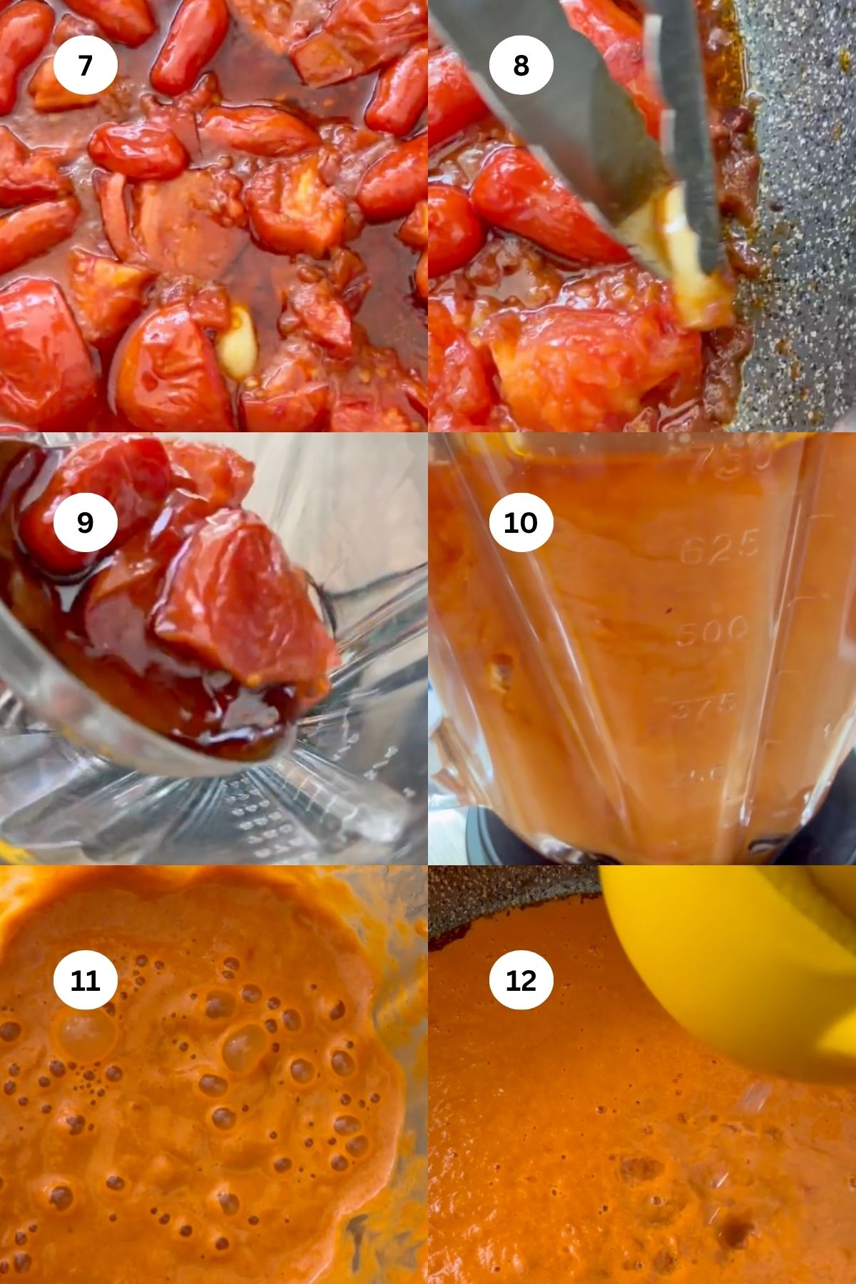 Six images show steps of making a tomato pasta red sauce: roasting tomatoes, adding to a blender, blending into a smooth orange sauce, and pouring the blended sauce from the blender. Each step is labeled with a white number.