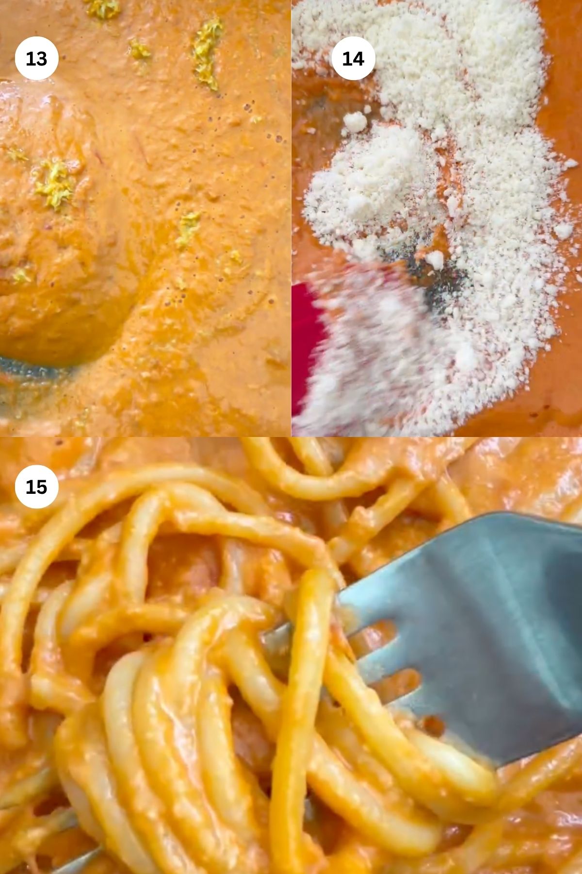 A collage shows rich tomato cream sauce being cooked, cheese and pepper added, and cooked tomato pasta coated in the sauce with a fork twirling noodles.