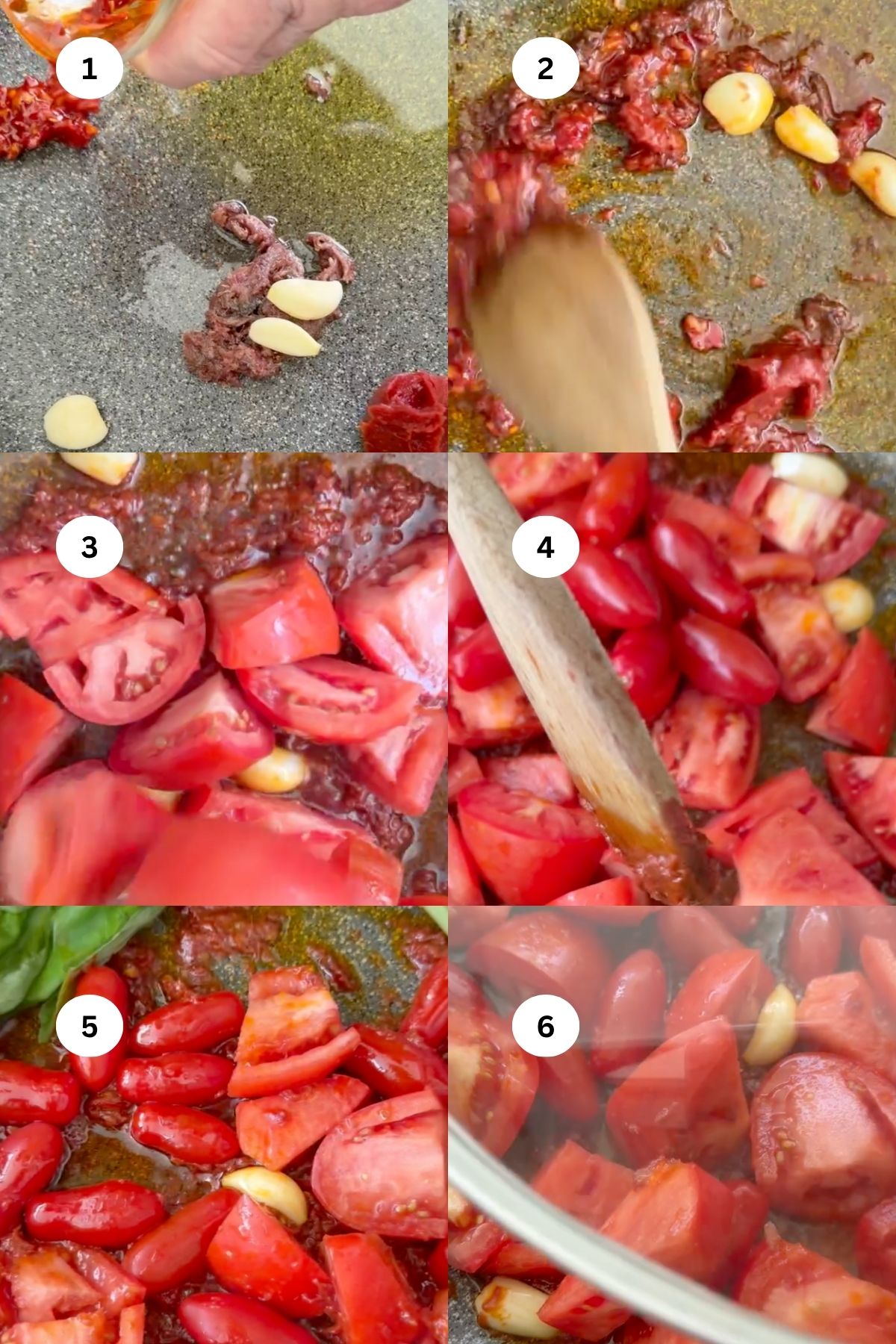 Six-step collage showing hands adding tomato paste, garlic, chopped tomatoes, and stirring them together in a pan to create a delicious tomato pasta sauce, with basil leaves in the fifth step, and a covered pot in the final step, illustrating a classic sauce-making process.