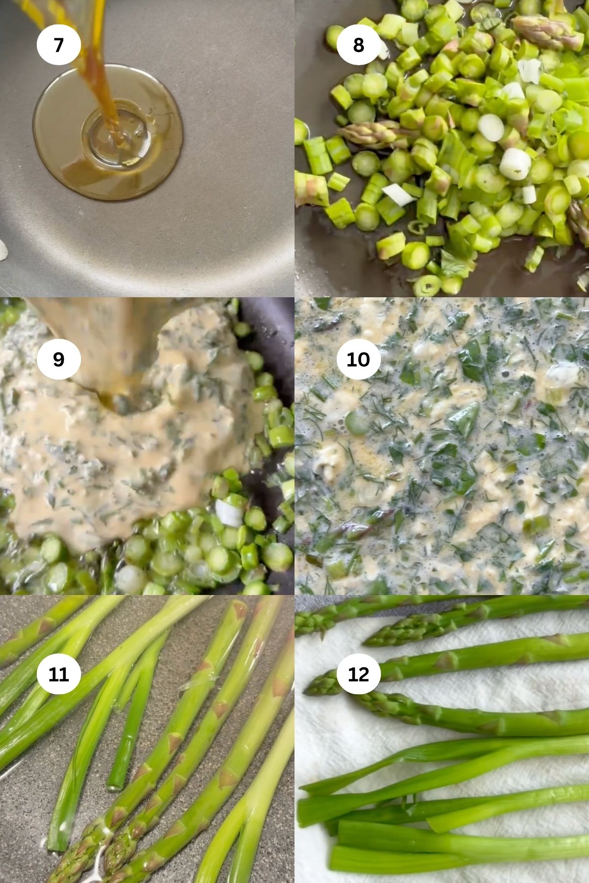Six-step collage: pouring liquid into a sink, chopped asparagus and scallions in a pan, creamy sauce added, mixture cooking, cooked asparagus on a towel, and asparagus spears on a white surface. Each image is labeled 7-12.