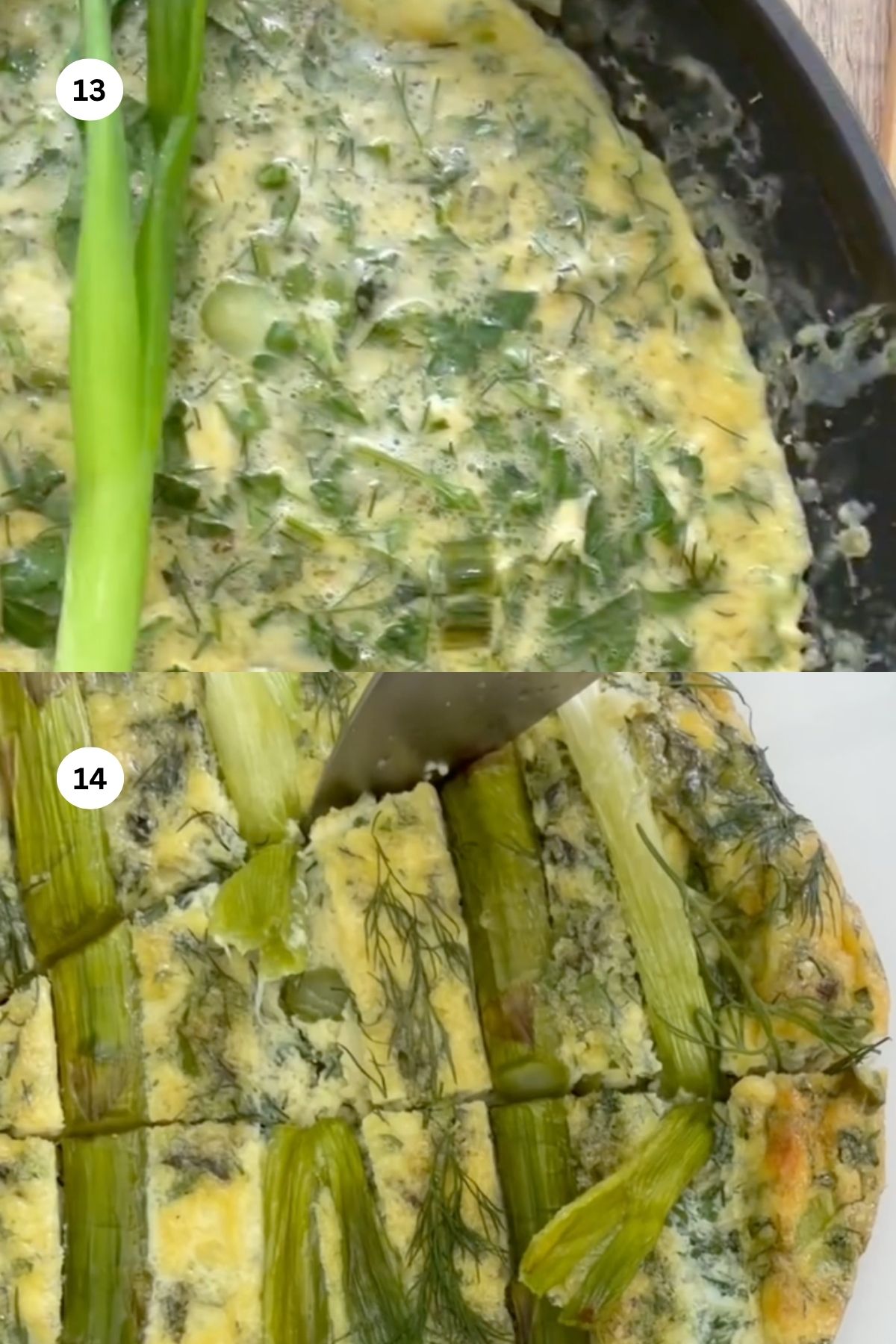 A green herb frittata is shown cooking in a pan, then sliced into squares with pieces of green onions and dill visible on top.