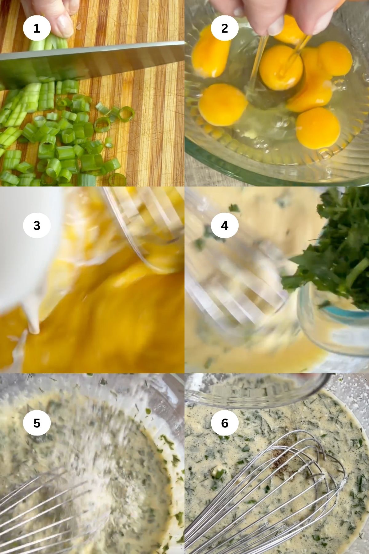 Six-step collage: Chopping green onions, cracking eggs into a bowl, whisking eggs, adding chopped herbs, mixing in milk and herbs, then whisking everything together.