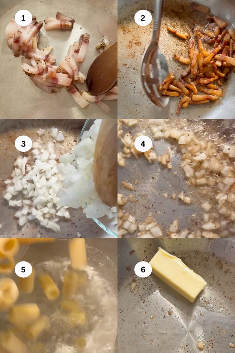 A six-step cooking collage: sautéing chopped squid, browned pieces, adding chopped onions, onions frying, pasta boiling in water, and a pat of butter melting in a pan.