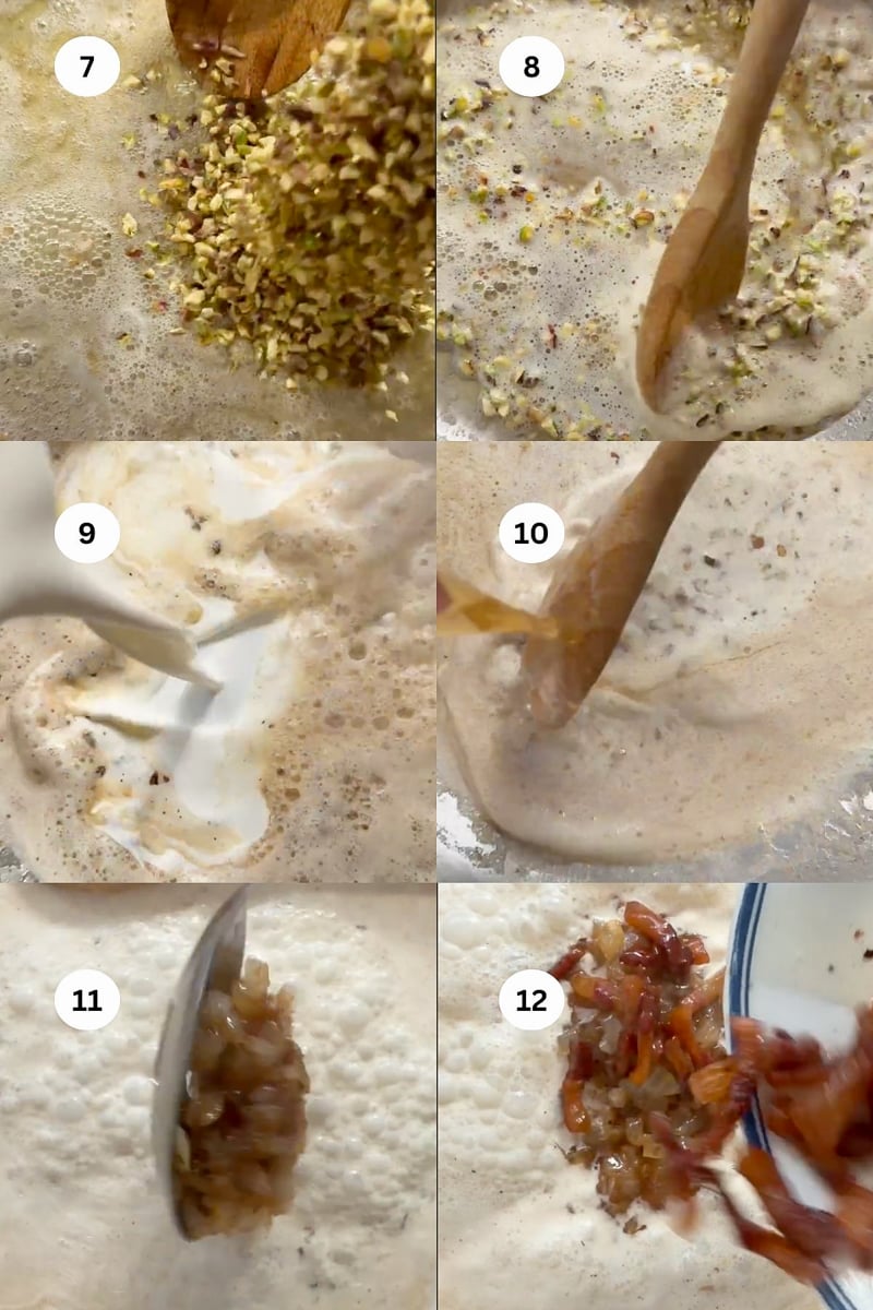 A step-by-step collage showing nuts and a brown ingredient being stirred into a frothy mixture, milk poured in, and a spoon then bowl adding caramelized onions. Each step is labeled 7 to 12.